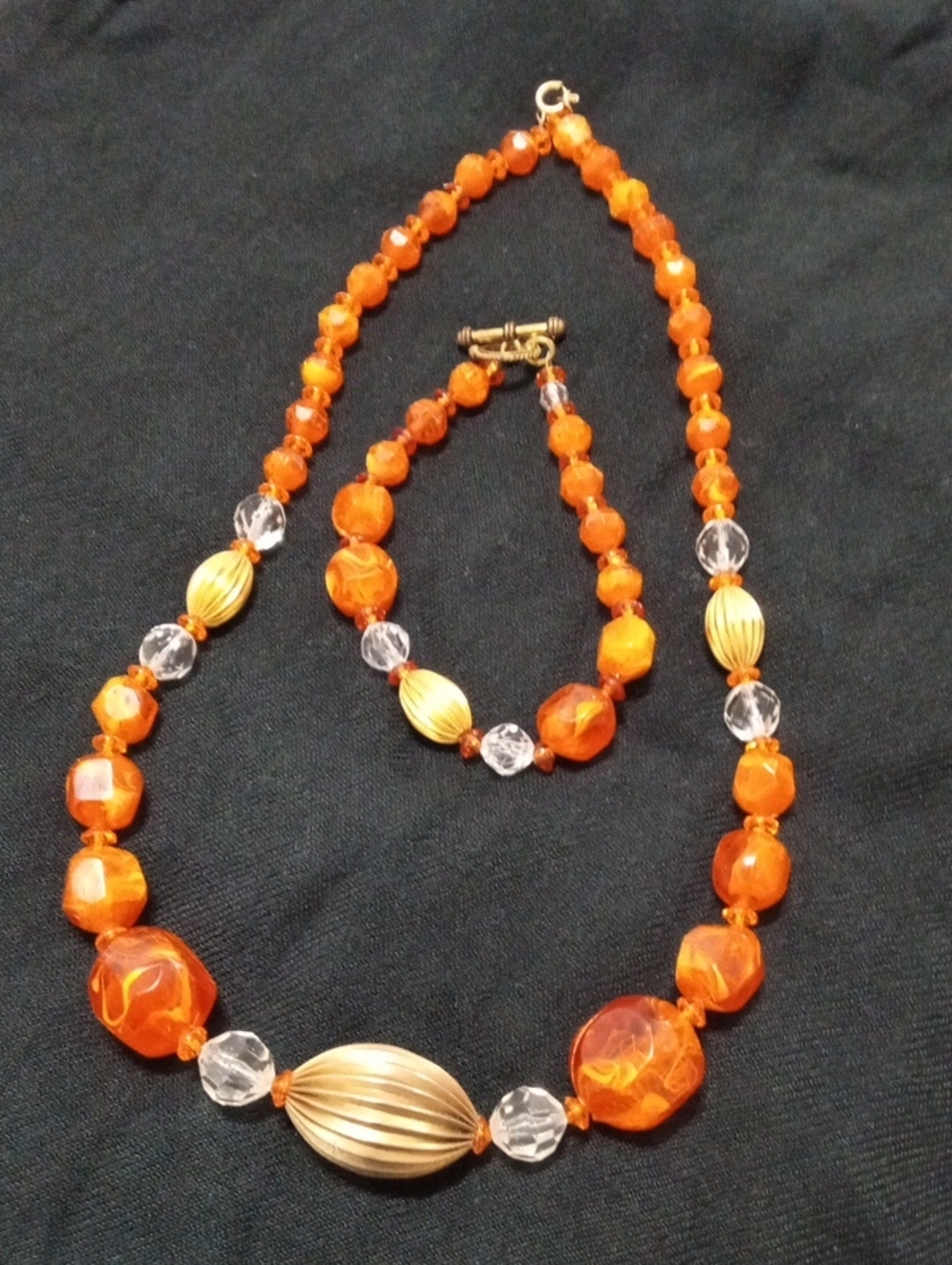 Orange And Gold With Crystal Necklace And Bracelet Set